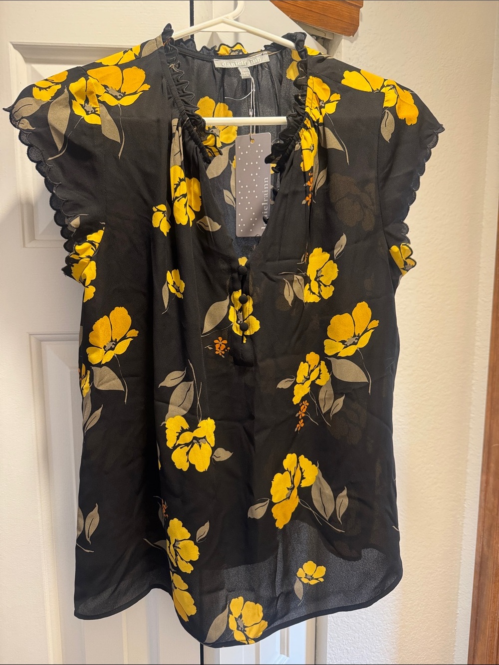 Daniel Rainn Black Blouse with Yellow Floral Print